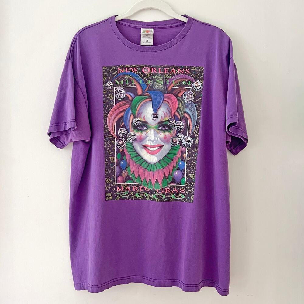 Vintage Y2K New Orleans Mardi Gras 2000 Jester Clown Purple T Shirt / XL